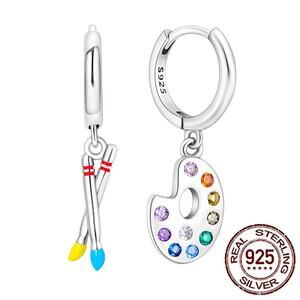 Sterling Silver Painter's Palette & Brush Artistic Hoop‎ Earrings S925
